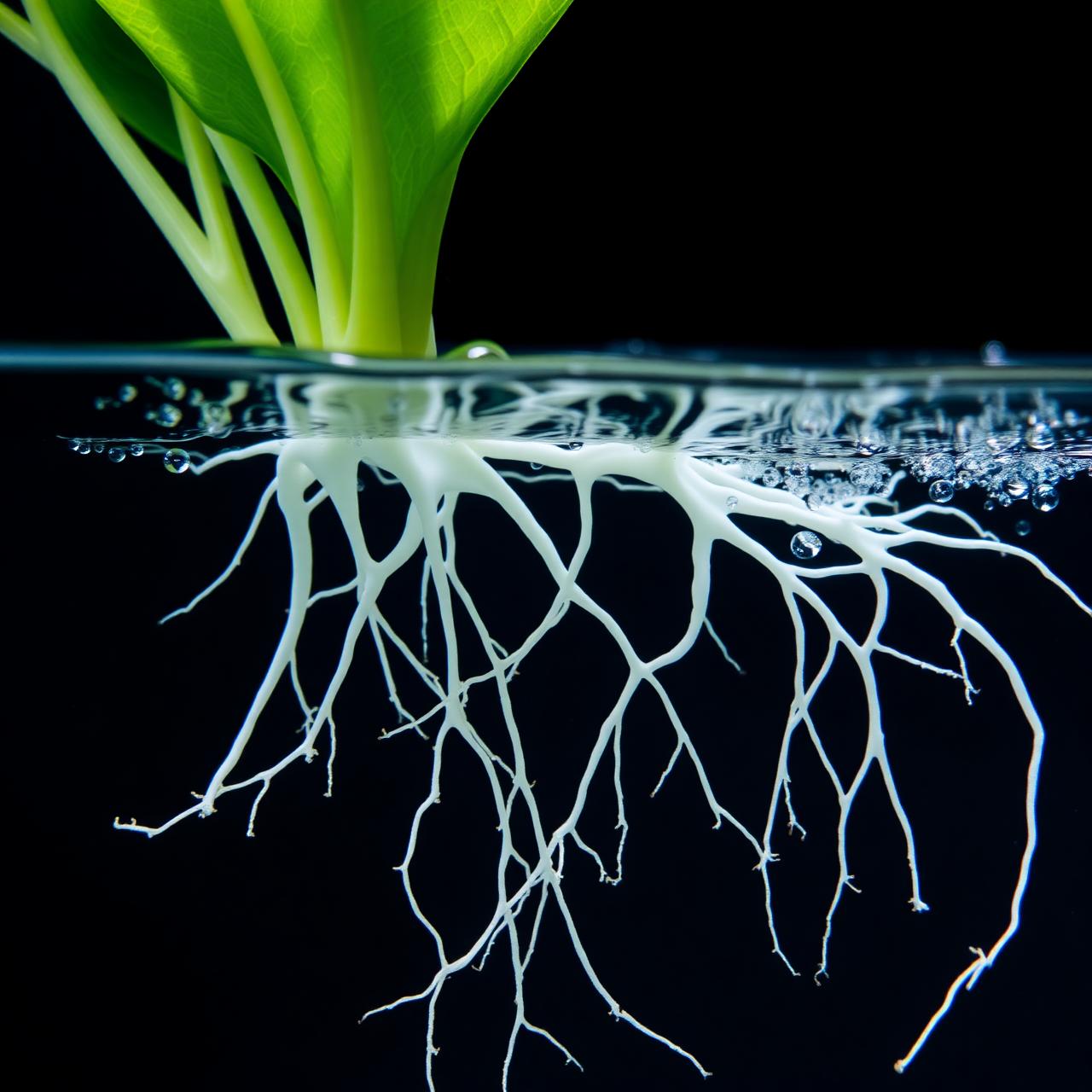 Macro view of clean white roots in water