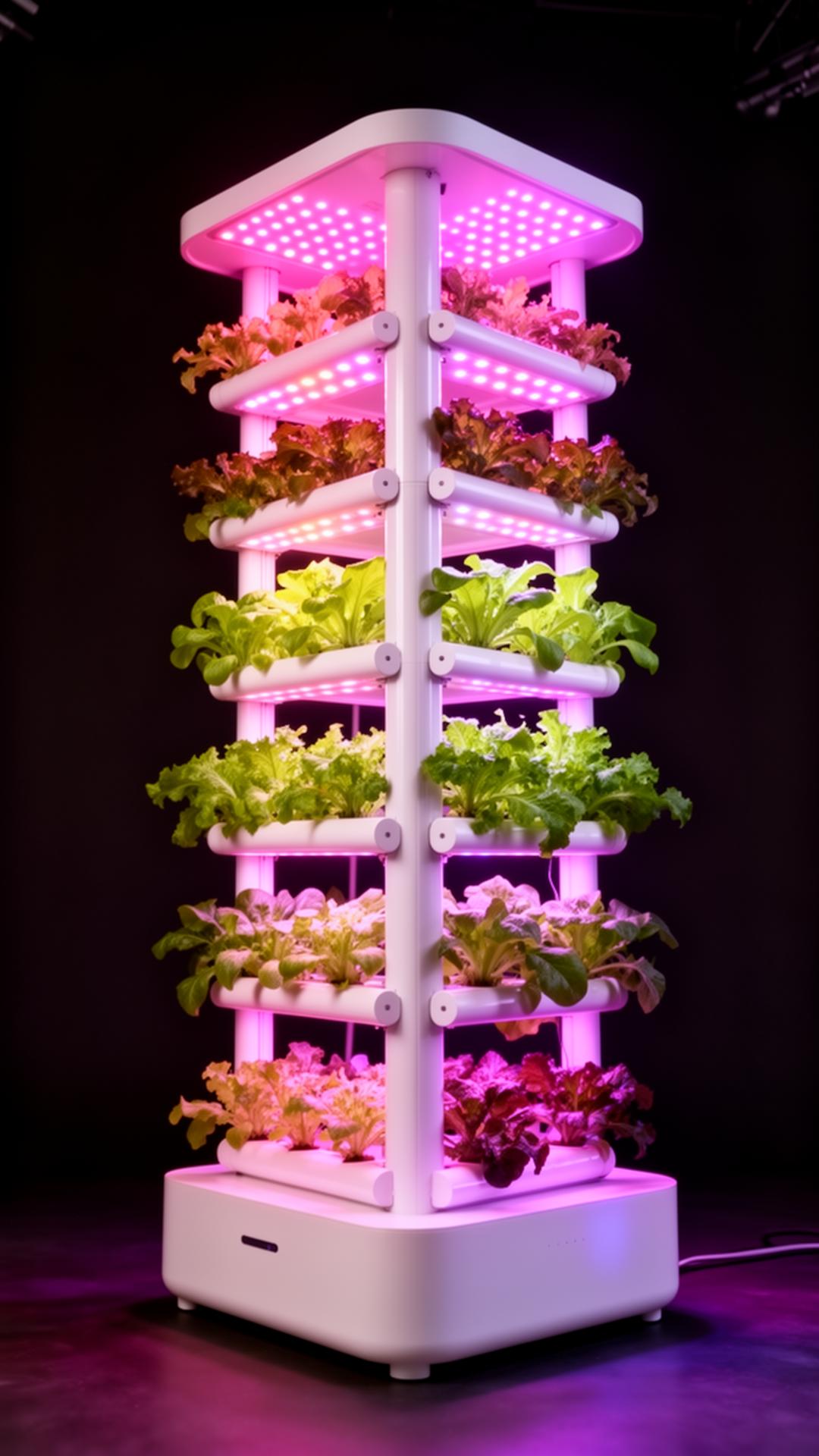 VFarm 2.0 vertical hydroponic tower with grow lights